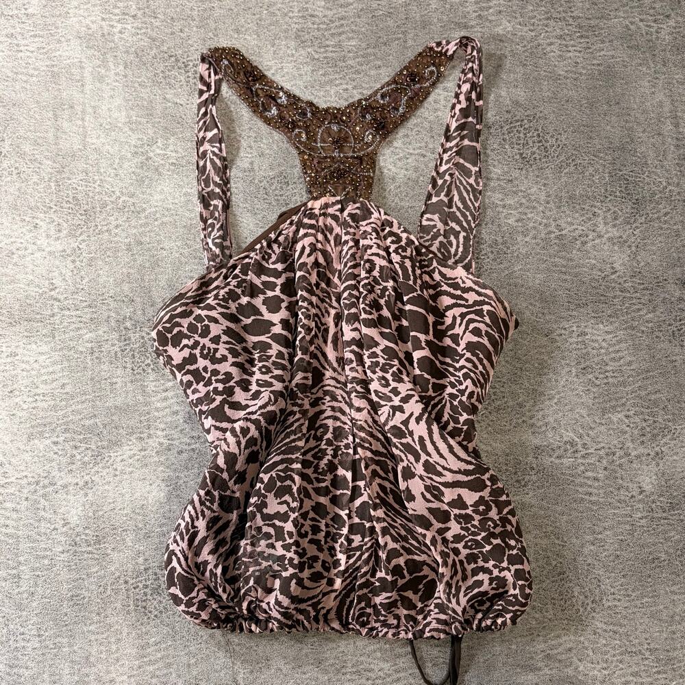 Brown Animal Print Silk Sleeveless Blouse